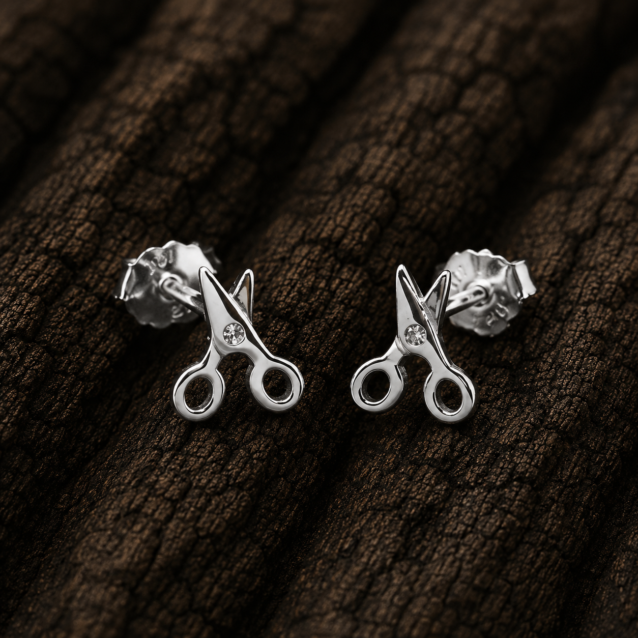925 Sterling Silver Scissors Stud Earrings with Cubic Zirconia