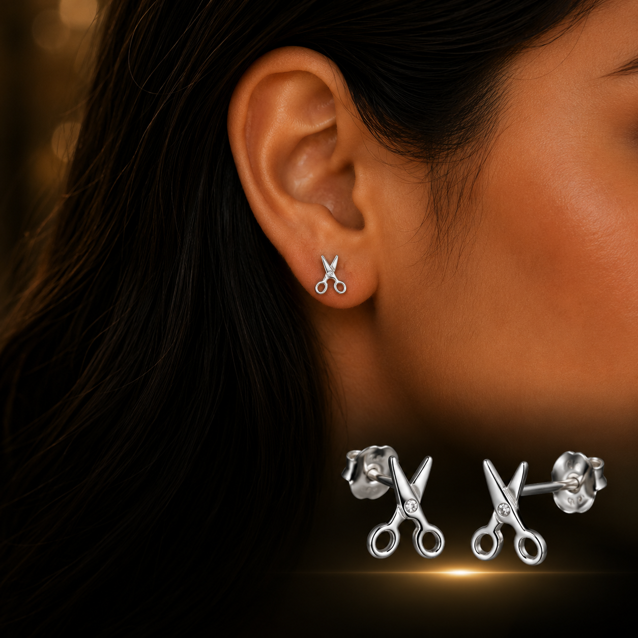 Woman wearing 925 Sterling Silver Scissors Stud Earrings