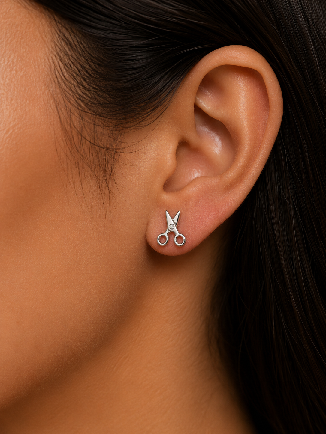 Woman wearing 925 Sterling Silver Scissors Stud Earrings