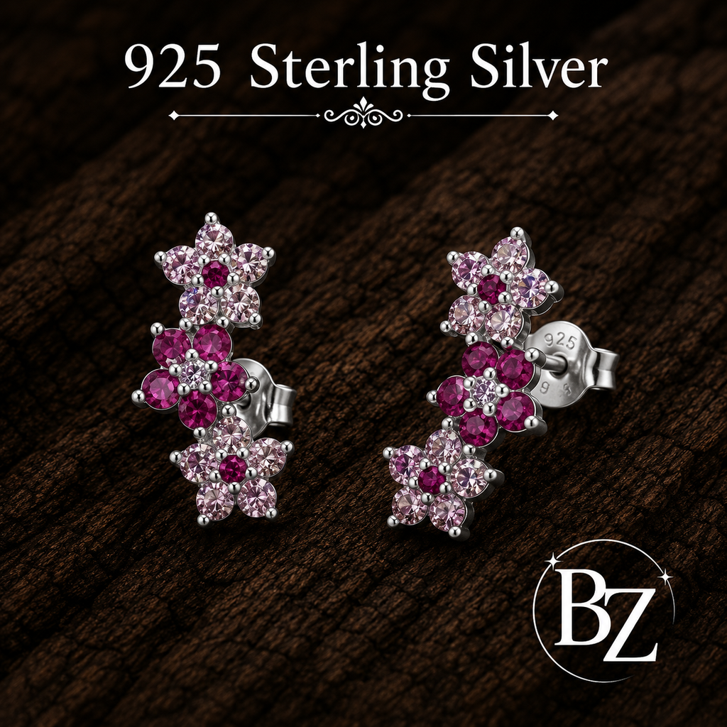 925 Sterling Silver Three Flower Stud Earrings with Pink Cubic Zirconia