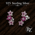 925 Sterling Silver Three Flower Stud Earrings with Pink Cubic Zirconia