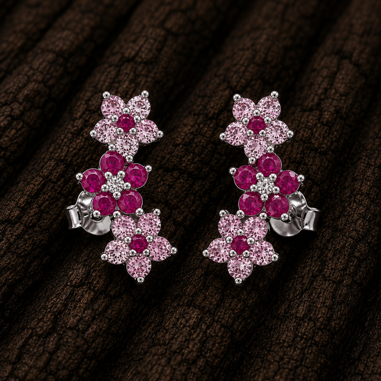 925 Sterling Silver Three Flower Stud Earrings with Pink Cubic Zirconia