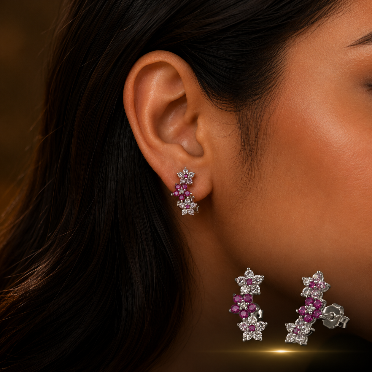 Woman wearing 925 Sterling Silver Three Flower Stud Earrings