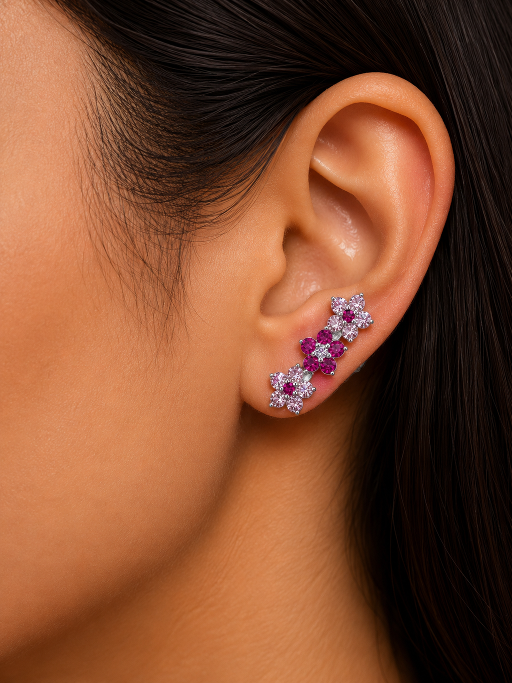 Woman wearing 925 Sterling Silver Three Flower Stud Earrings