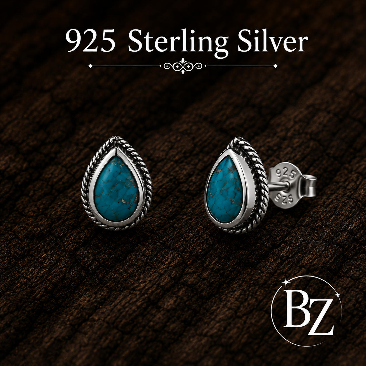 925 Sterling Silver Teardrop Stud Earrings with Turquoise-Colored Stone