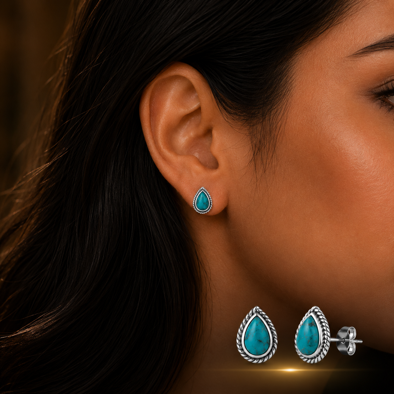 Woman wearing 925 Sterling Silver Teardrop Stud Earrings