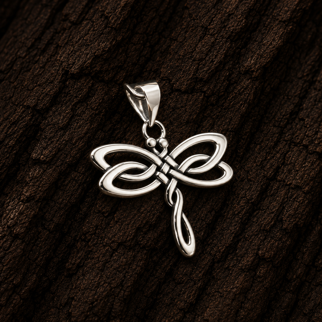Close-up of 925 Sterling Silver Celtic Dragonfly Pendant