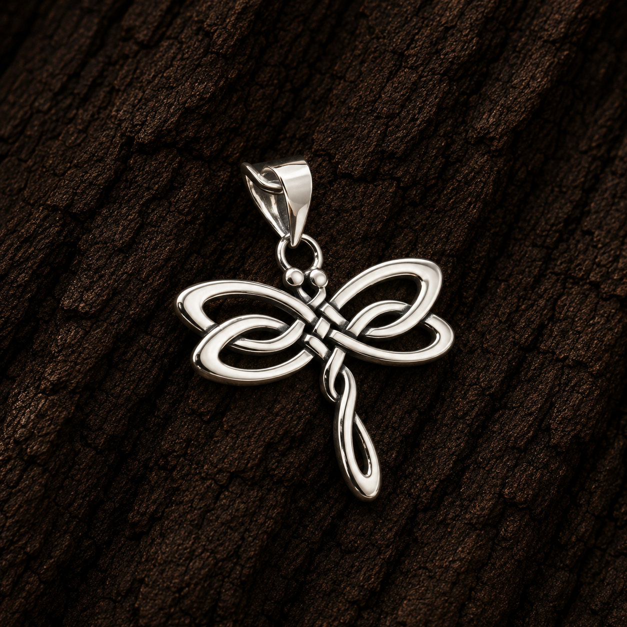 Close-up of 925 Sterling Silver Celtic Dragonfly Pendant