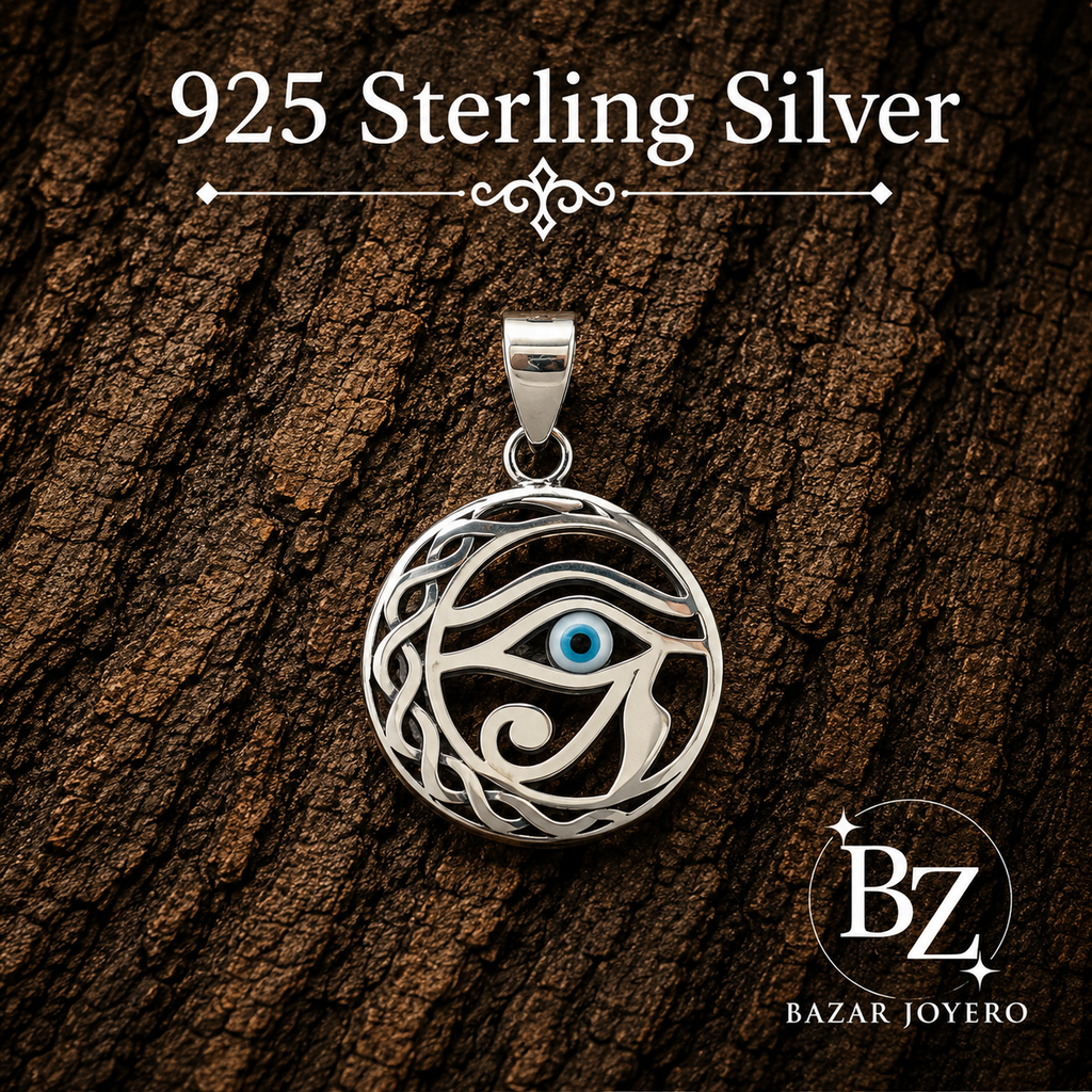 925 Sterling Silver Eye of Horus Celtic Pendant with Blue Evil Eye Accent