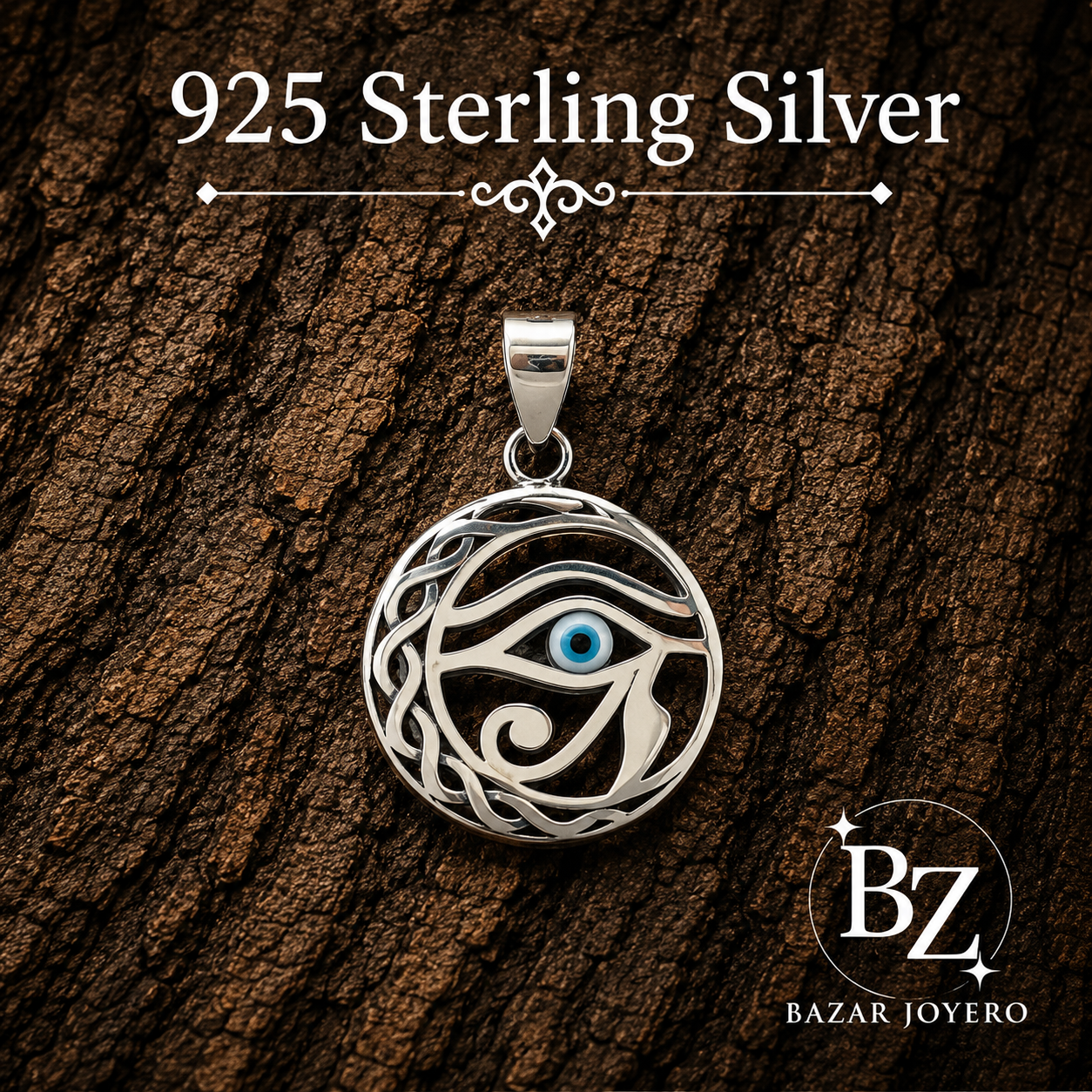 925 Sterling Silver Eye of Horus Celtic Pendant with Blue Evil Eye Accent