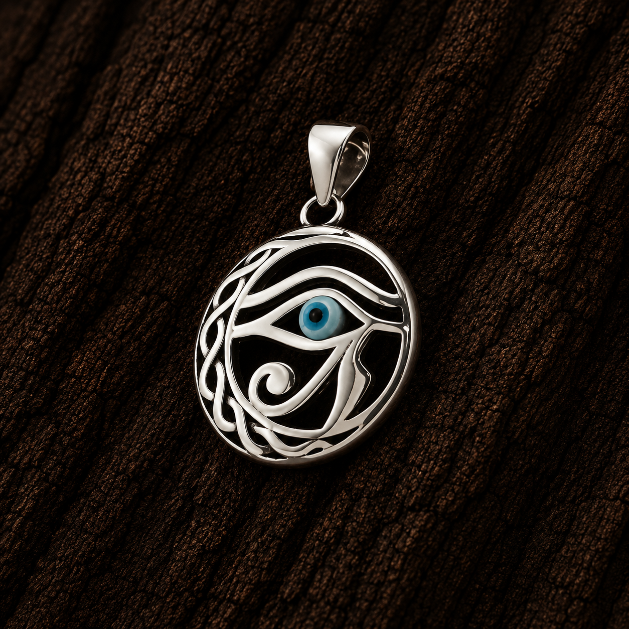 Close-up of 925 Sterling Silver Eye of Horus Celtic Pendant