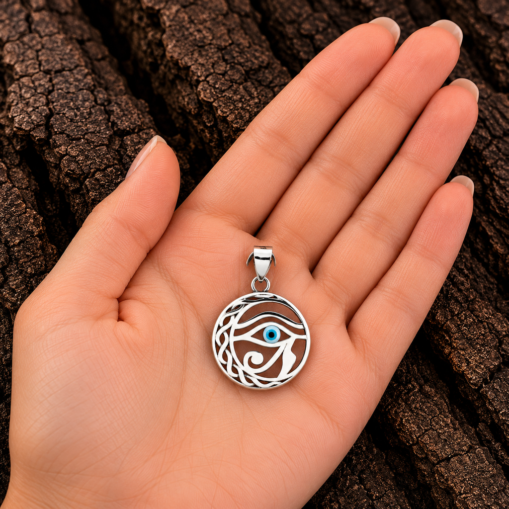 925 Sterling Silver Eye of Horus Celtic Pendant shown in hand for size reference
