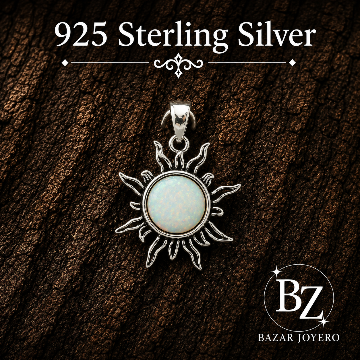 925 Sterling Silver White Lab Opal Sun Pendant
