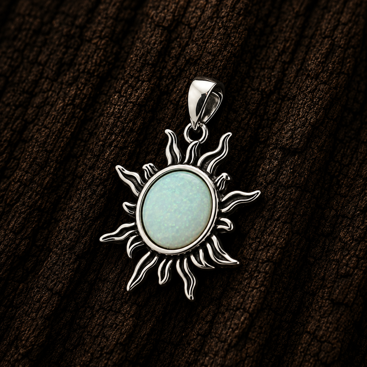 Close-up of 925 Sterling Silver White Lab Opal Sun Pendant