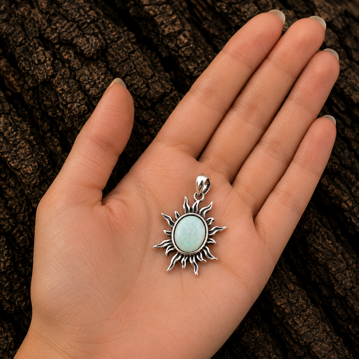 925 Sterling Silver White Lab Opal Sun Pendant shown in hand for size reference
