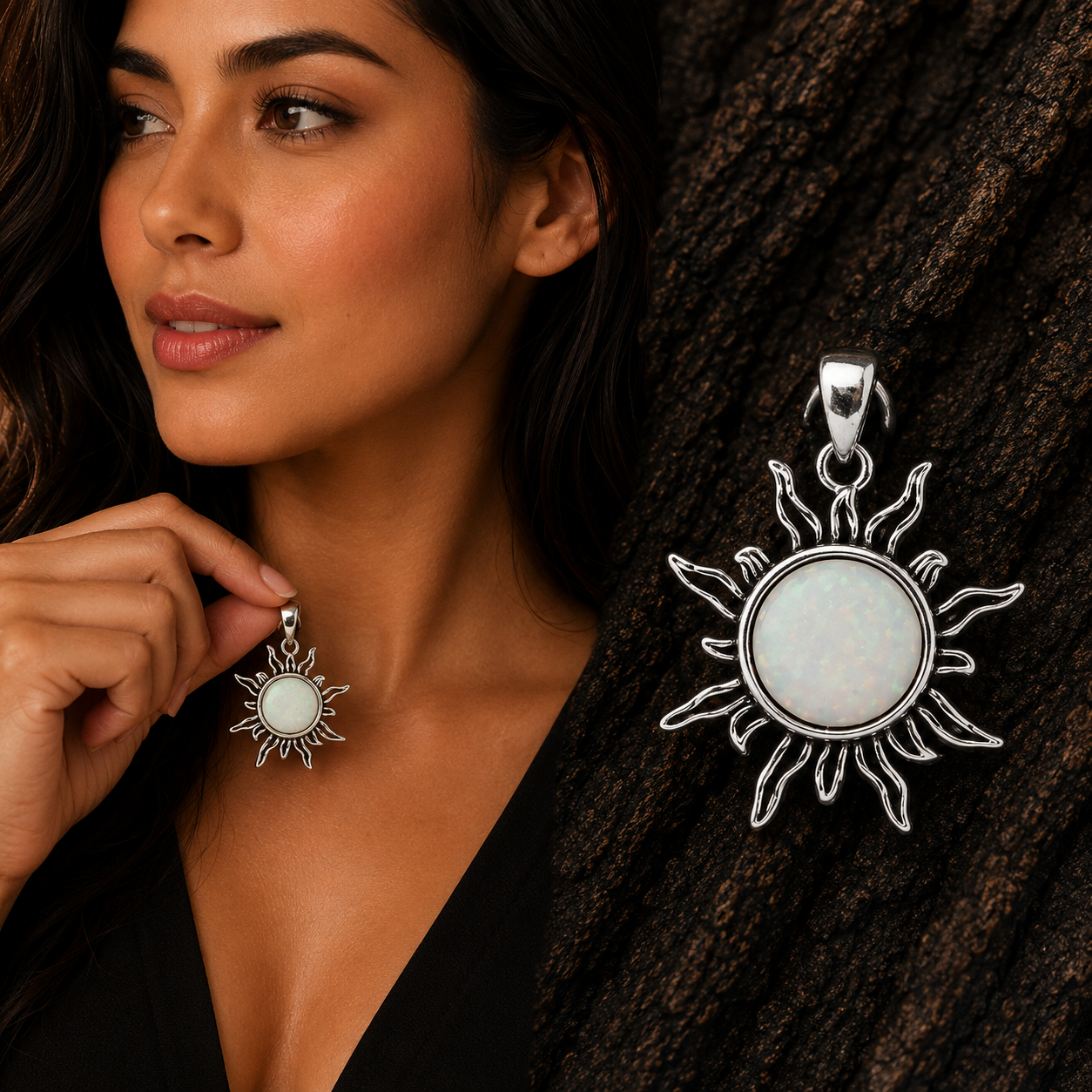 Woman wearing a 925 Sterling Silver White Lab Opal Sun Pendant Necklace