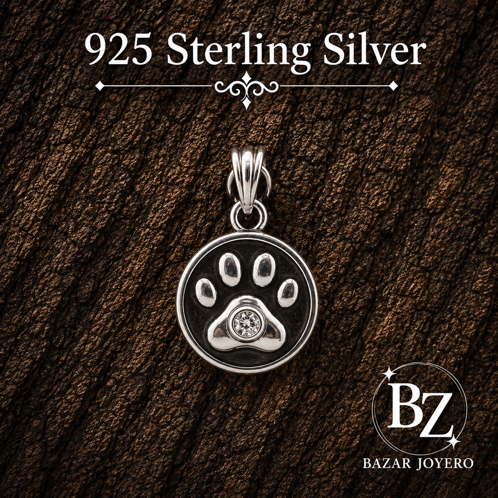 925 Sterling Silver Paw Print Pendant with Black Enamel and Cubic Zirconia