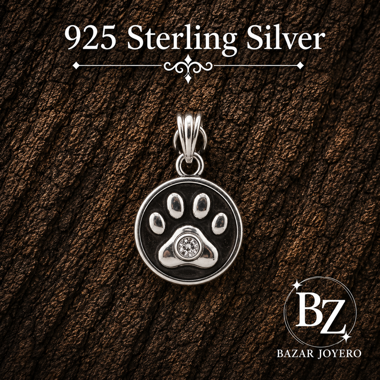 925 Sterling Silver Paw Print Pendant with Black Enamel and Cubic Zirconia