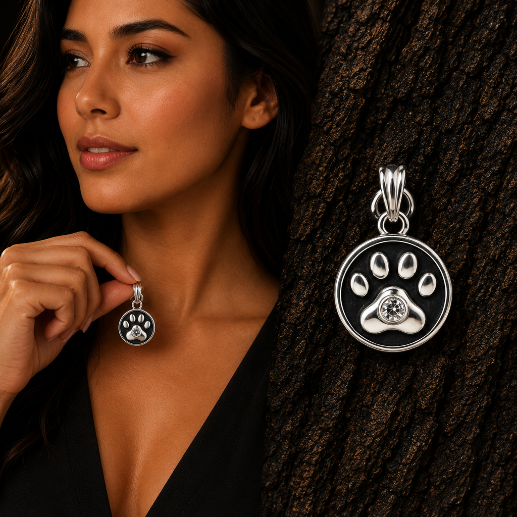Woman wearing a 925 Sterling Silver Paw Print Pendant Necklace