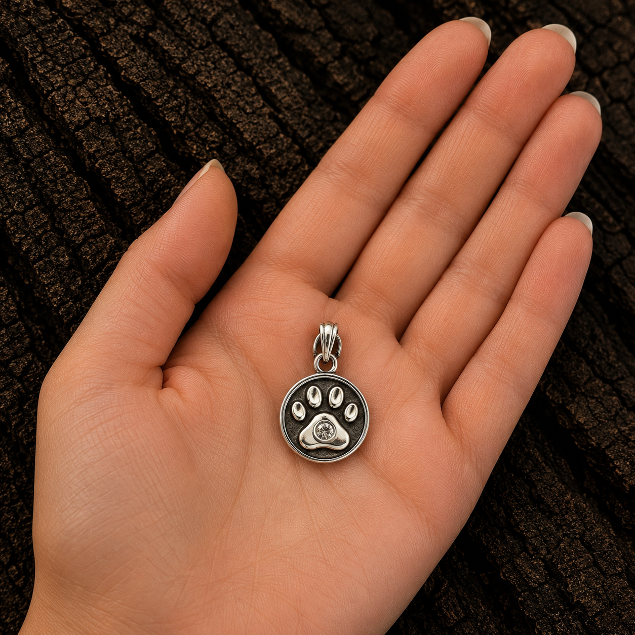 925 Sterling Silver Paw Print Pendant shown in hand for size reference