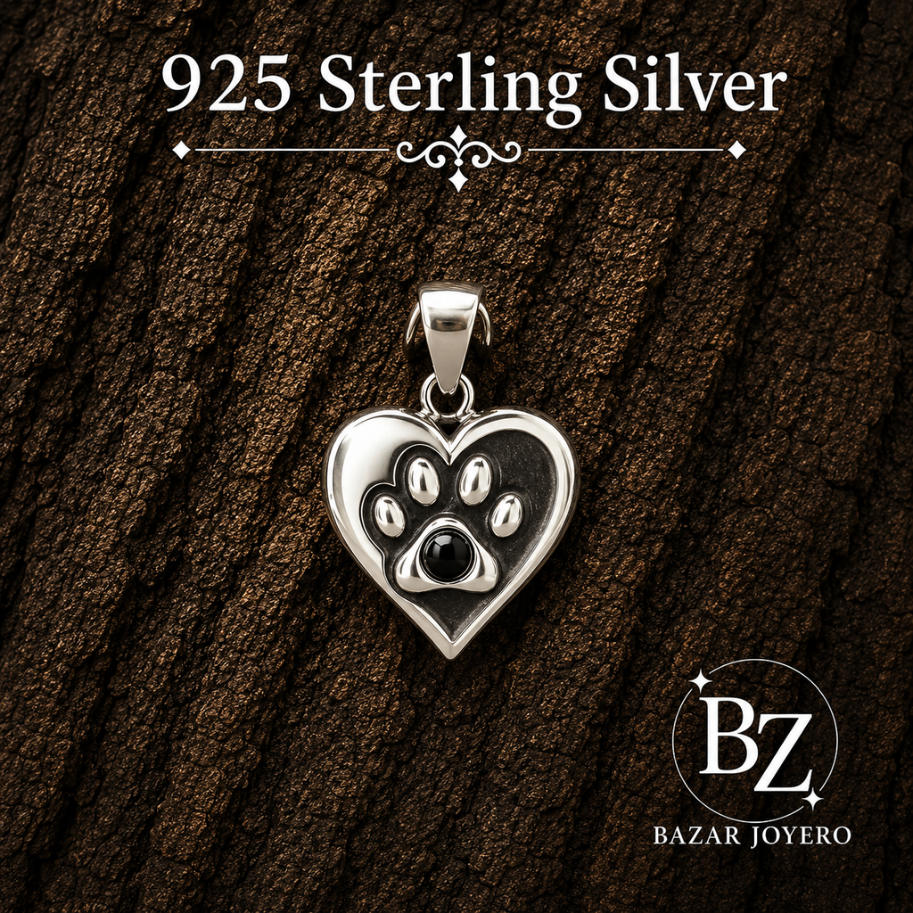 925 Sterling Silver Heart Paw Print Pendant with Black Enamel