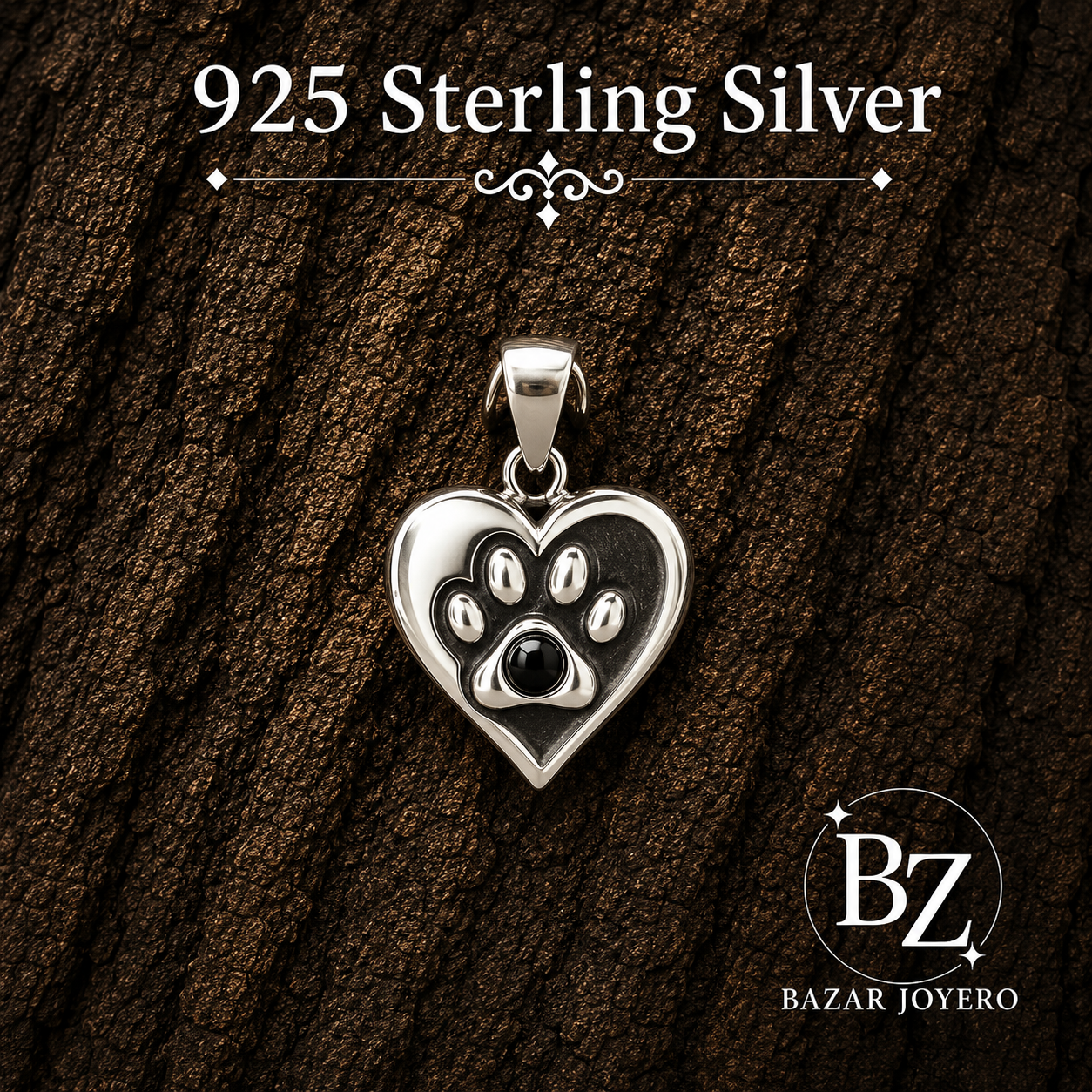 925 Sterling Silver Heart Paw Print Pendant with Black Enamel