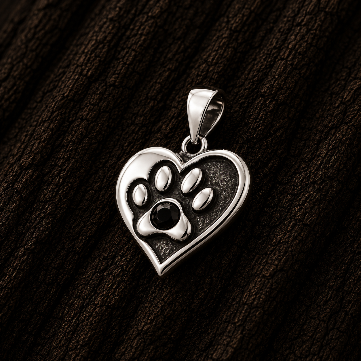 Close-up of 925 Sterling Silver Heart Paw Print Pendant