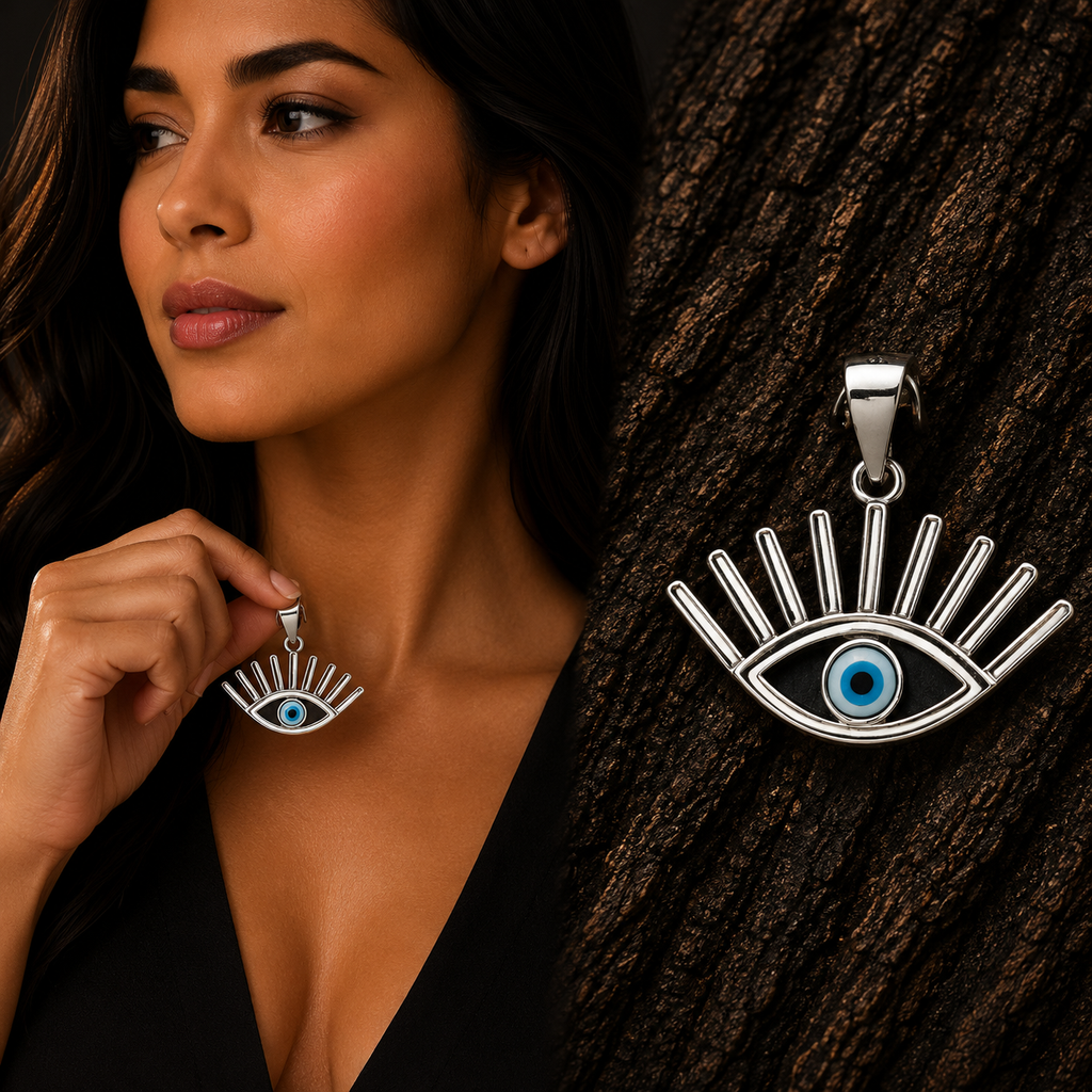 Woman wearing a 925 Sterling Silver Evil Eye Pendant Necklace