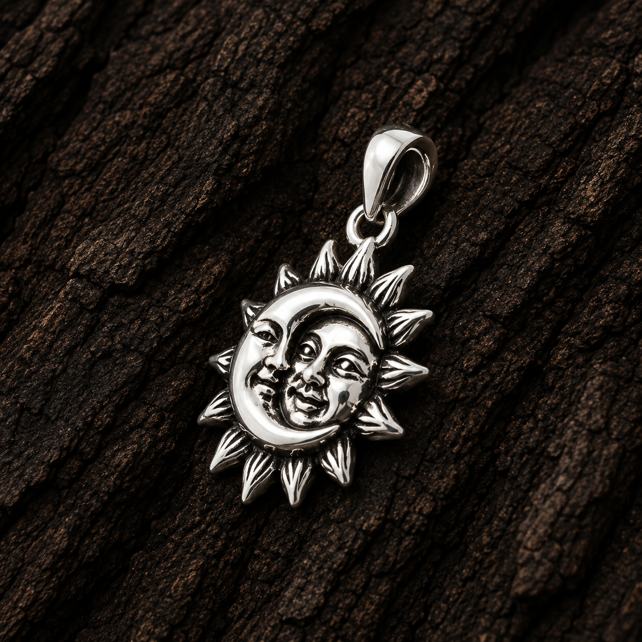 Close-up of 925 Sterling Silver Sun and Moon Pendant