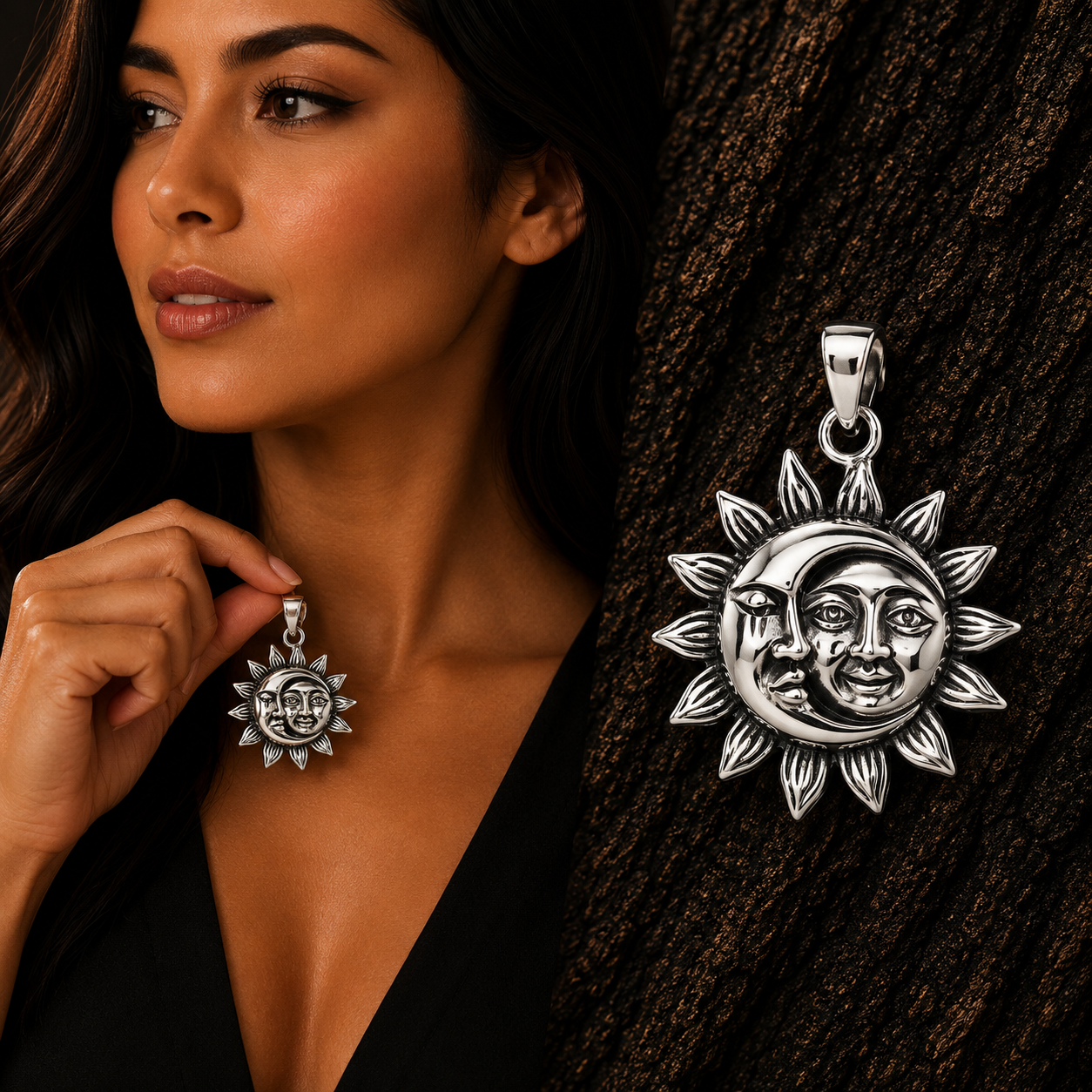 Woman wearing a 925 Sterling Silver Sun and Moon Pendant Necklace