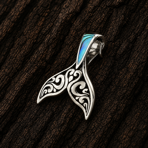 Close-up of 925 Sterling Silver Abalone Whale Tail Pendant with Abalone Shell