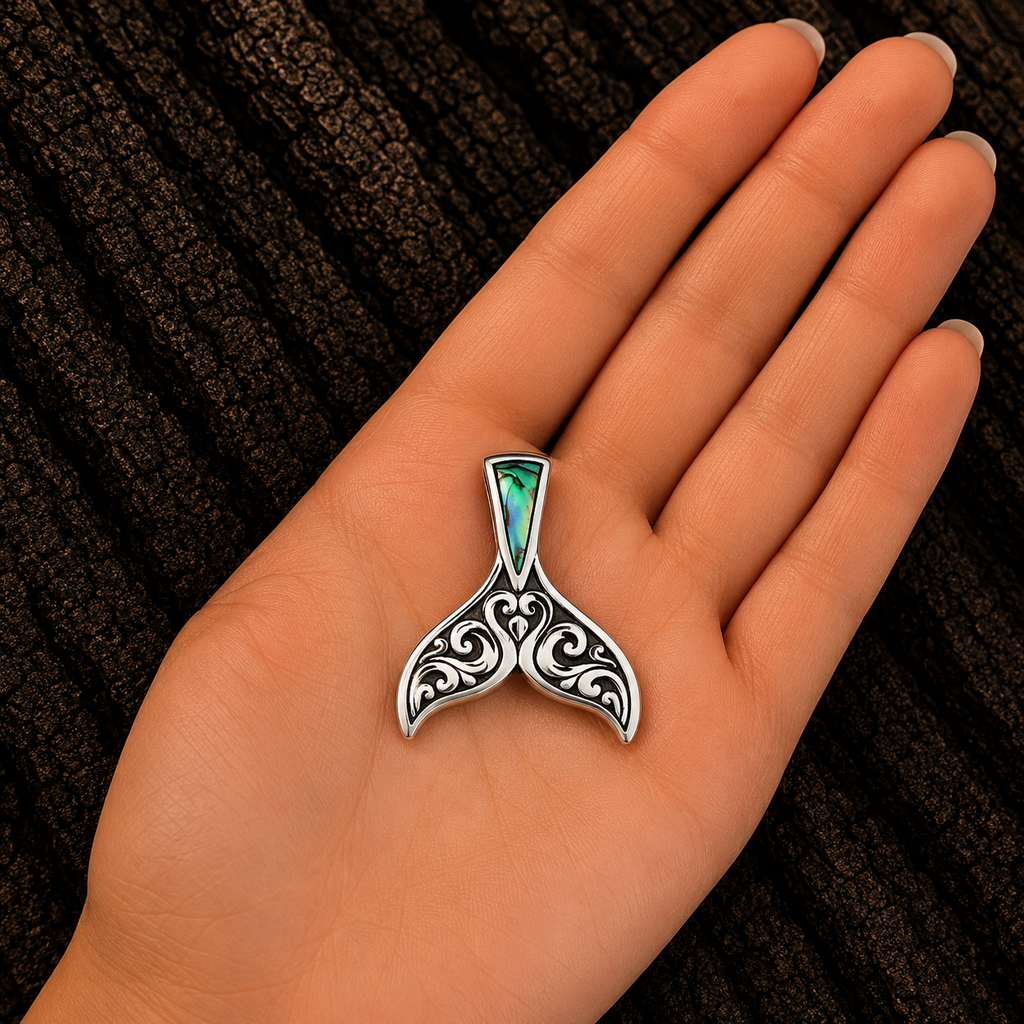 925 Sterling Silver Abalone Whale Tail Pendant shown in hand for size reference