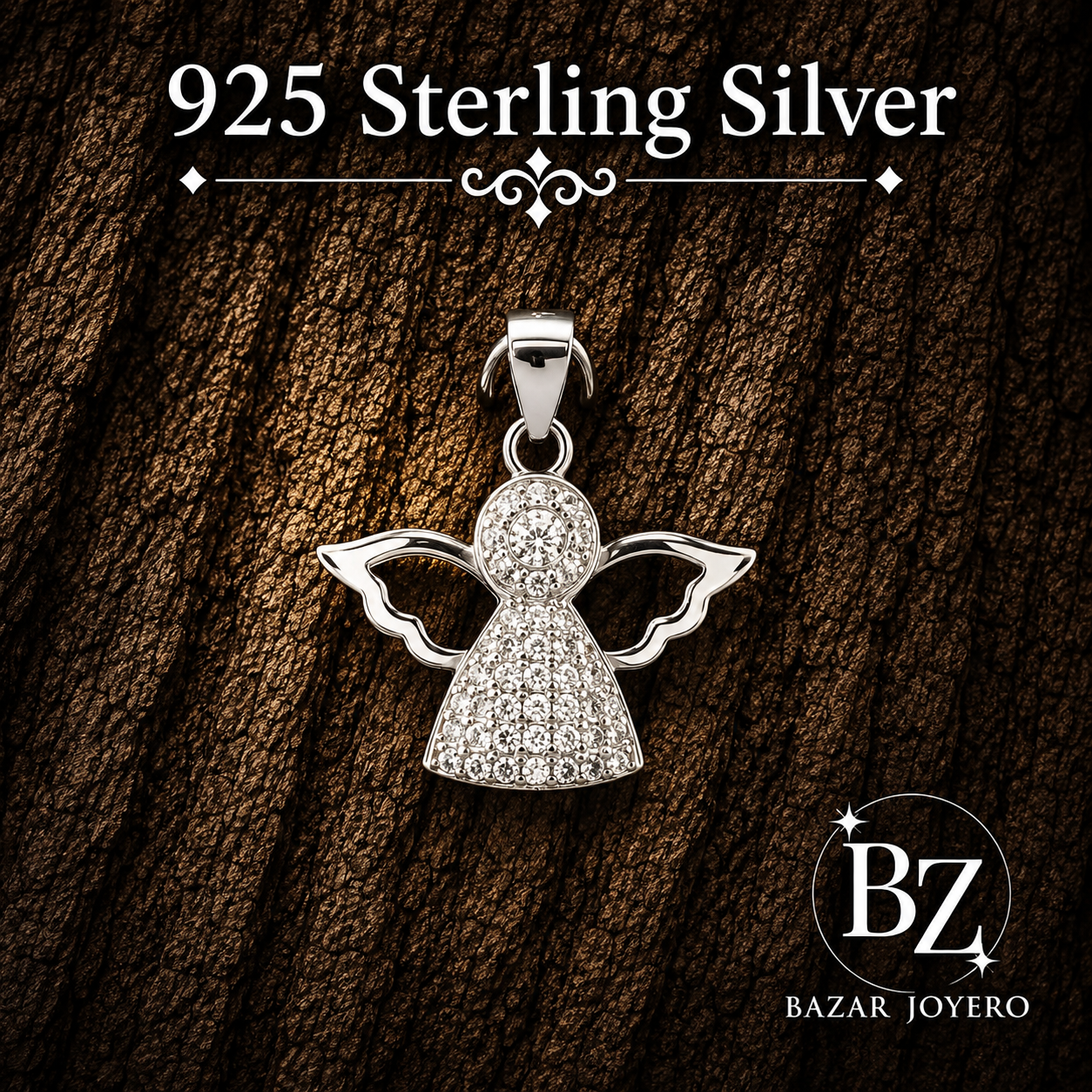 925 Sterling Silver Angel Pendant with Cubic Zirconia
