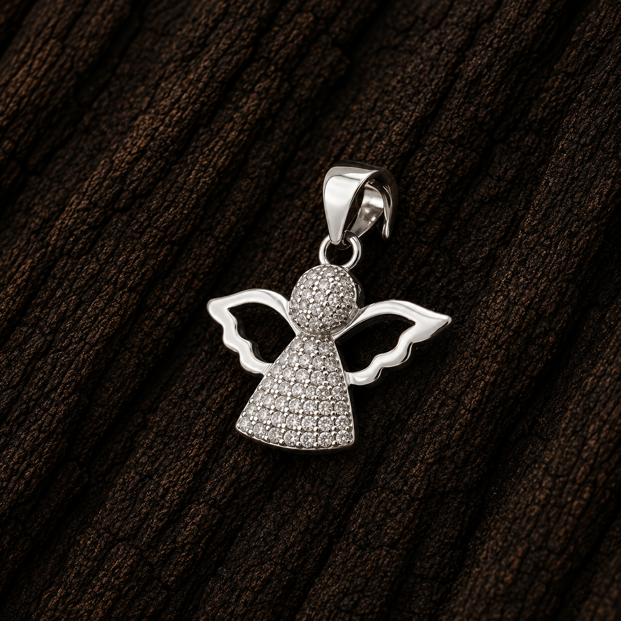 Close-up of 925 Sterling Silver Angel Pendant with Cubic Zirconia