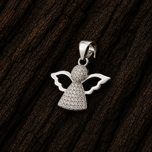 Close-up of 925 Sterling Silver Angel Pendant with Cubic Zirconia