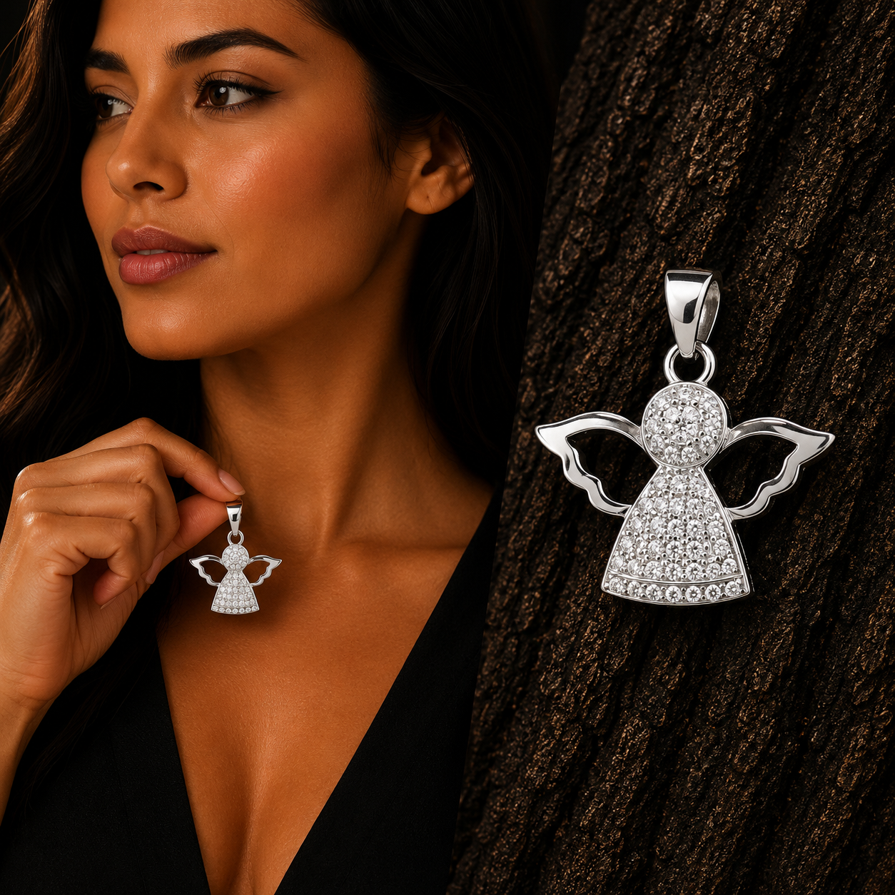 Woman wearing a 925 Sterling Silver Angel Pendant Necklace