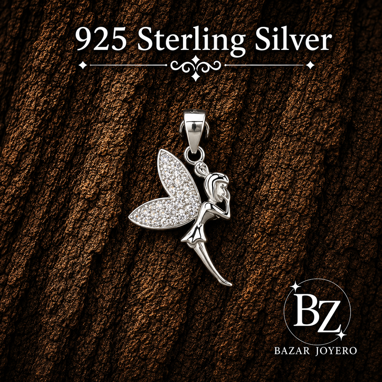 925 Sterling Silver Fairy Pendant with Cubic Zirconia