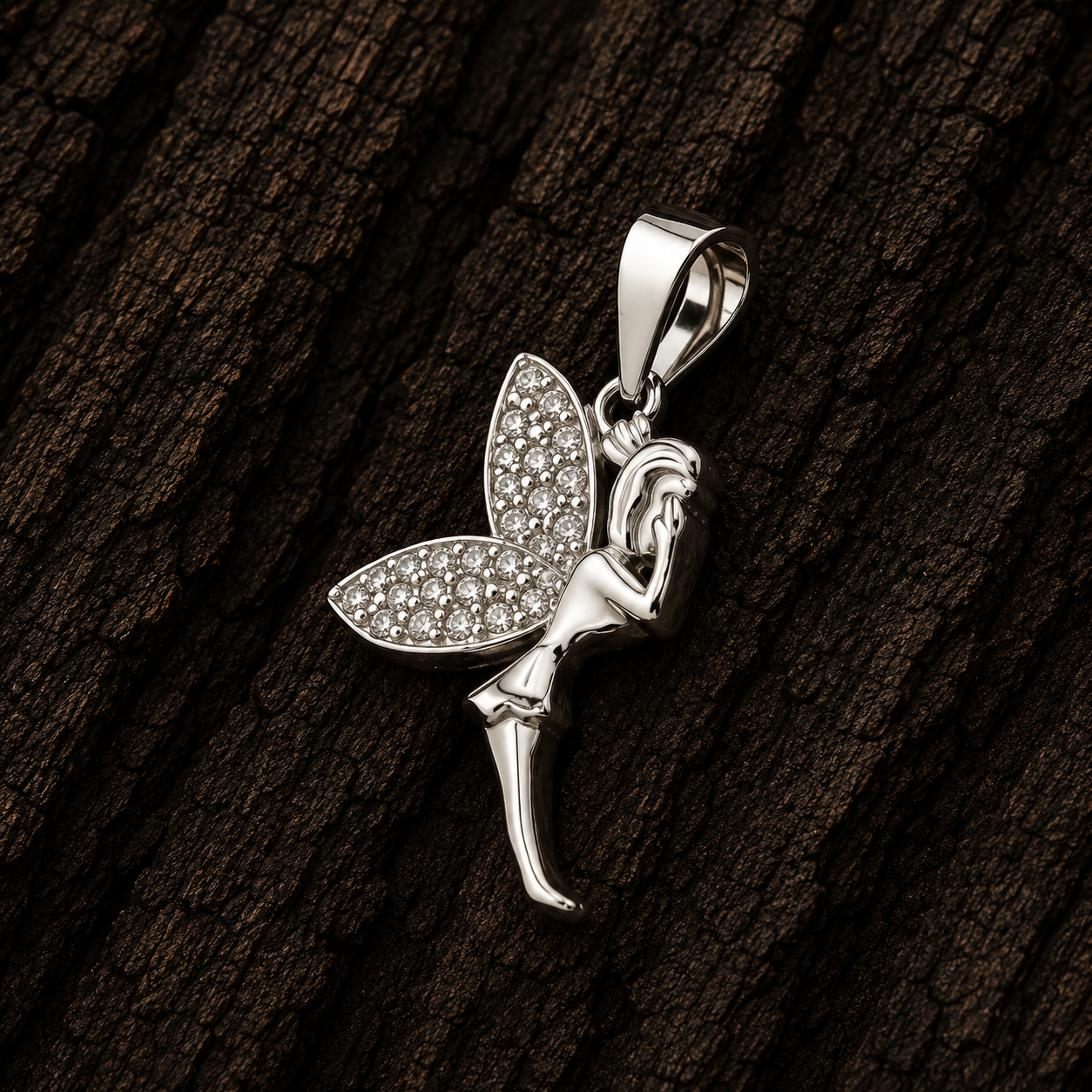Close-up of 925 Sterling Silver Fairy Pendant with Cubic Zirconia