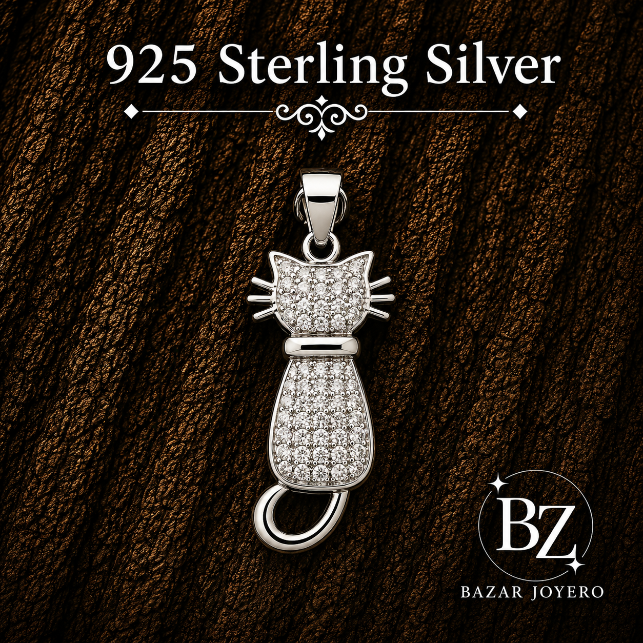925 Sterling Silver Cat Pendant with Cubic Zirconia