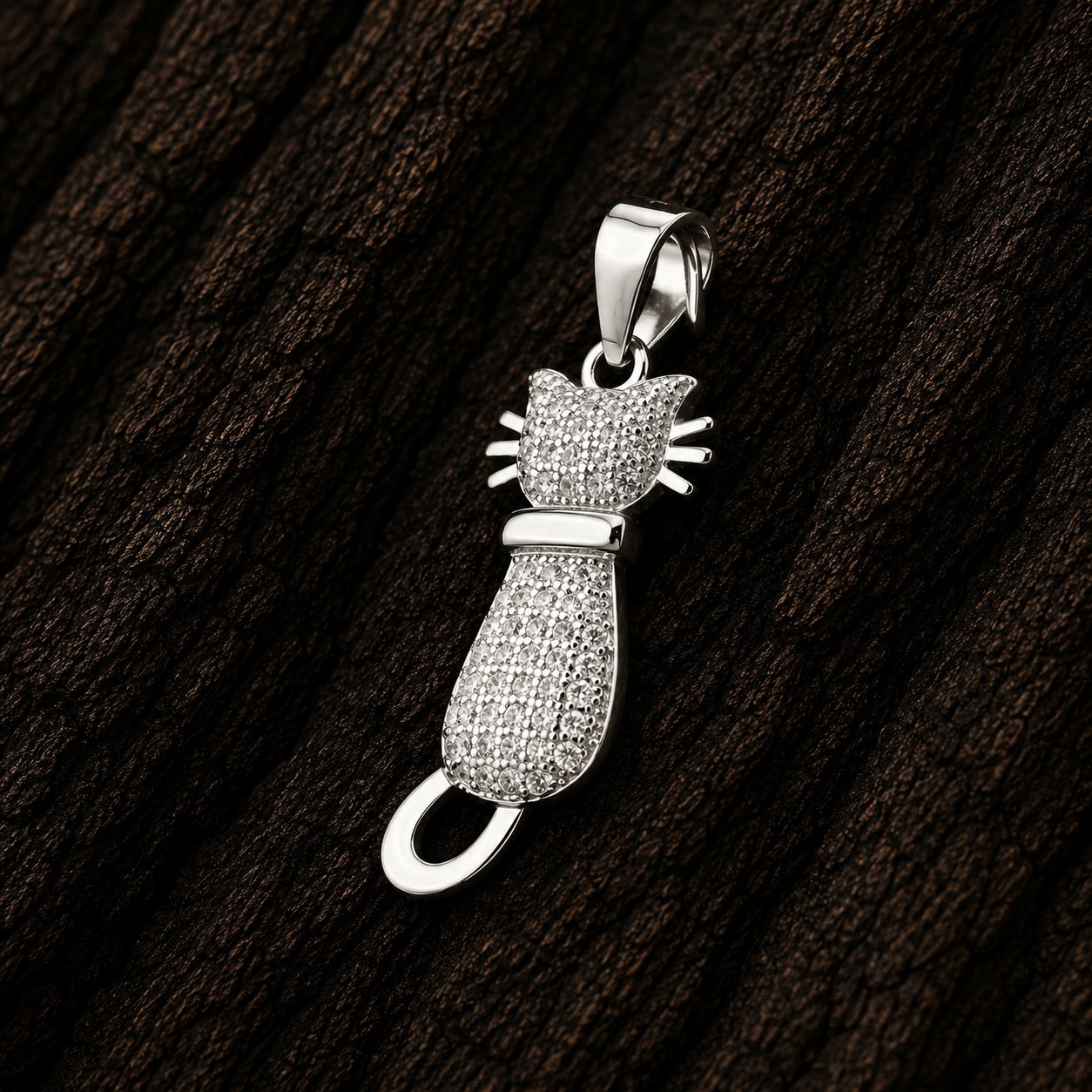 Close-up of 925 Sterling Silver Cat Pendant with Cubic Zirconia