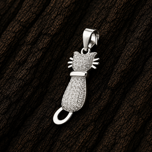 Close-up of 925 Sterling Silver Cat Pendant with Cubic Zirconia