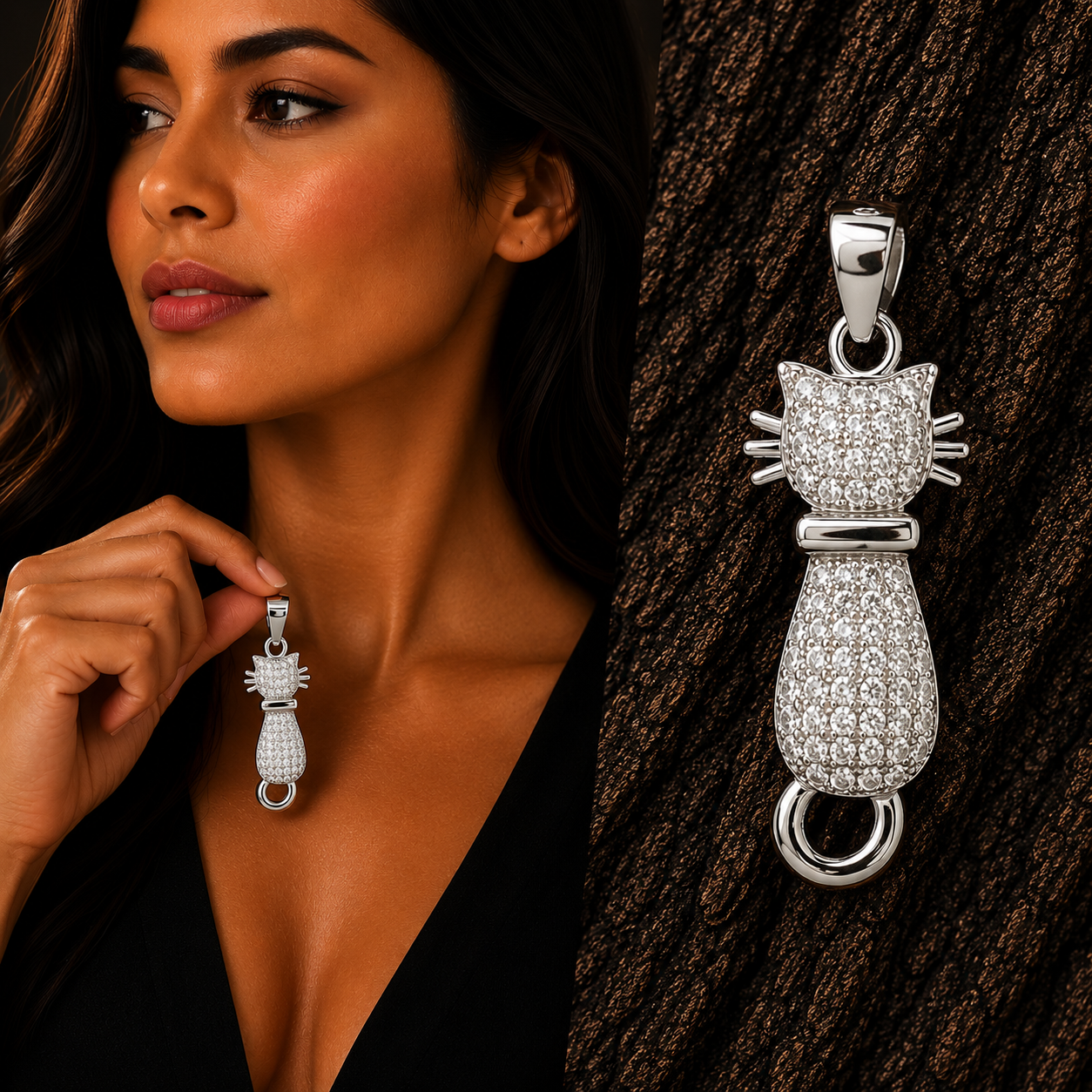 Woman wearing a 925 Sterling Silver Cat Pendant Necklace