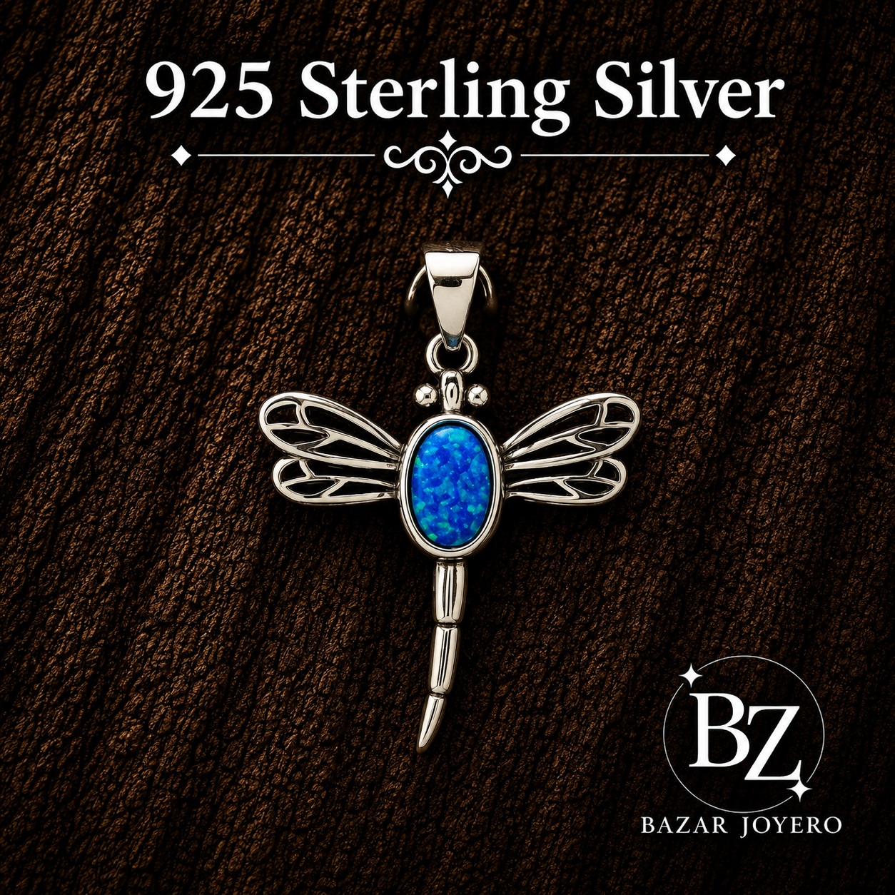925 Sterling Silver Blue Lab Opal Dragonfly Pendant