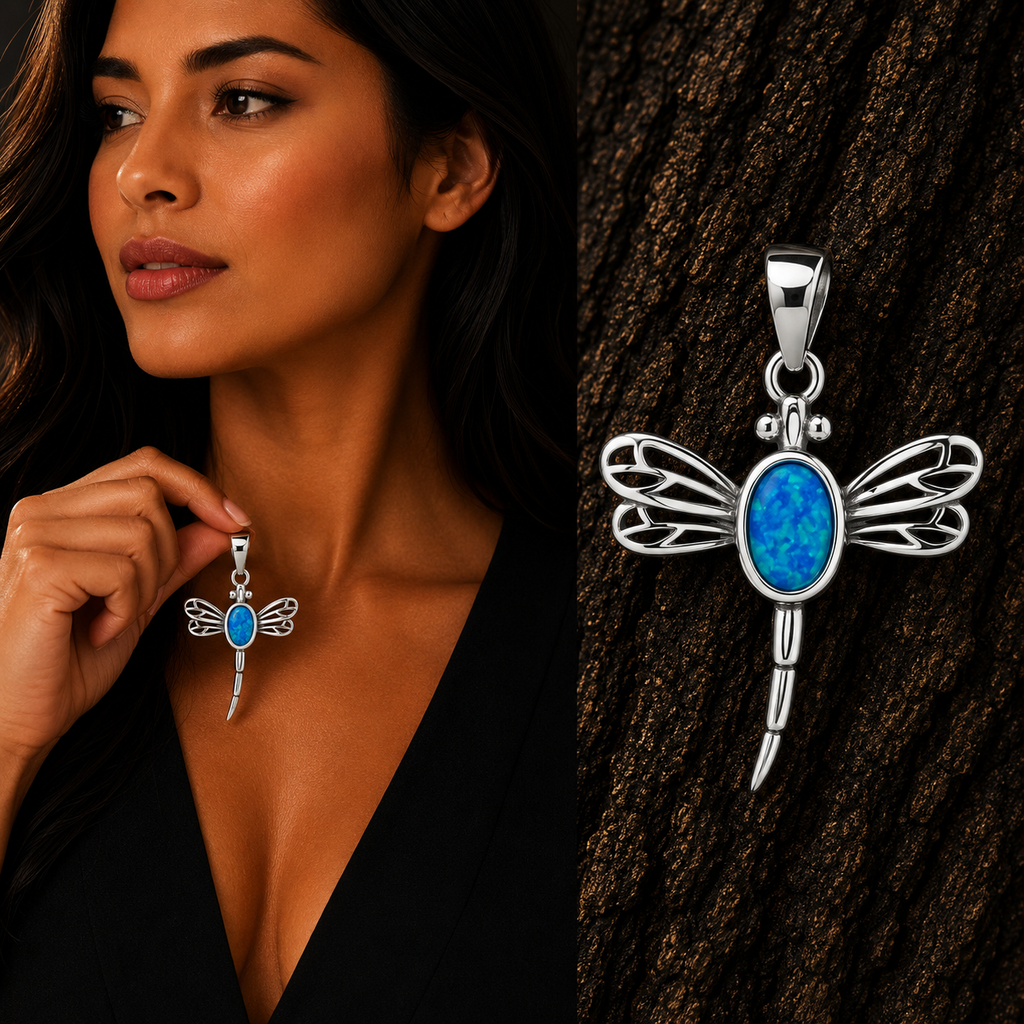 Woman wearing a 925 Sterling Silver Blue Lab Opal Dragonfly Pendant Necklace