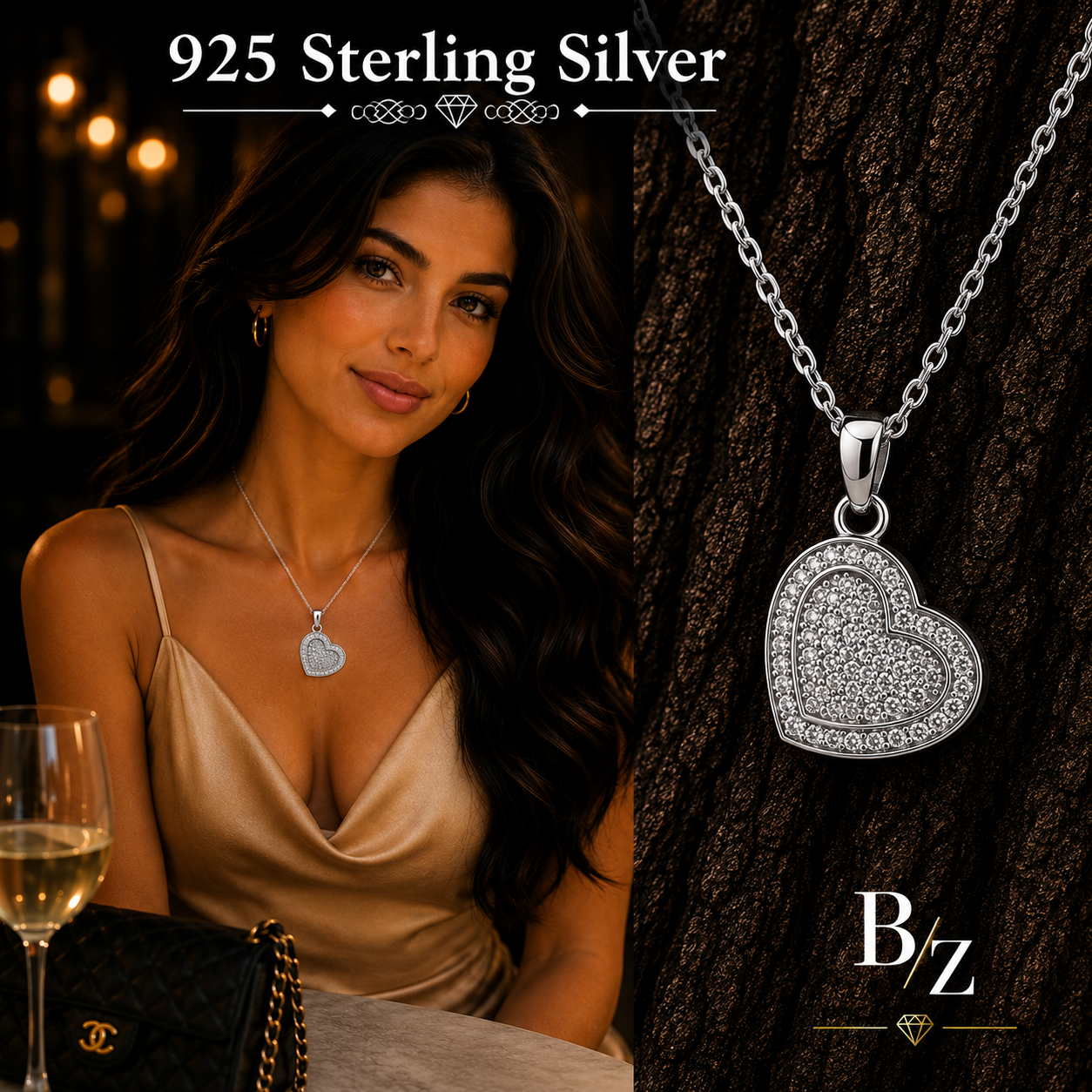 Woman wearing 925 Sterling Silver Open Heart Necklace