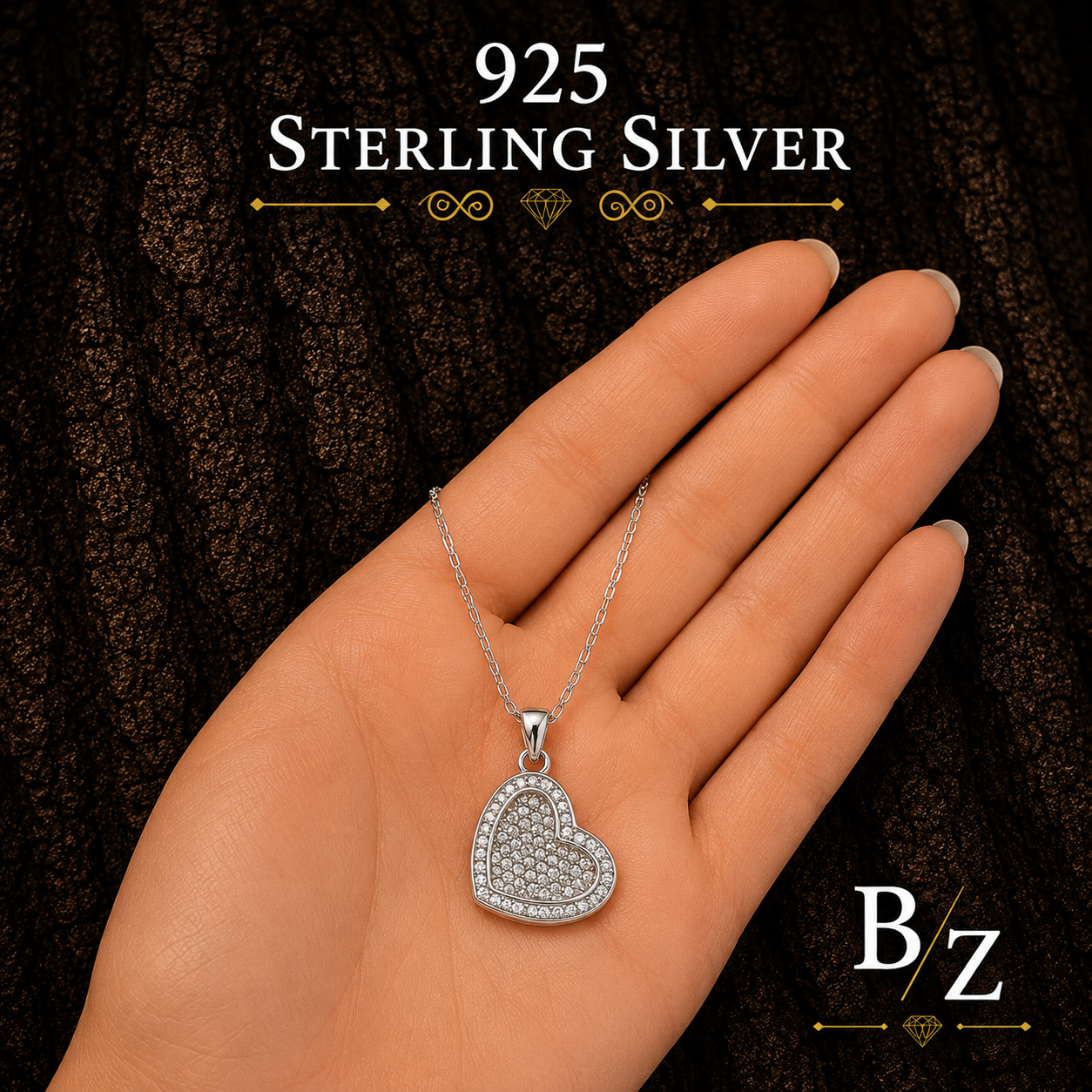 925 Sterling Silver Open Heart Necklace shown in hand for size reference
