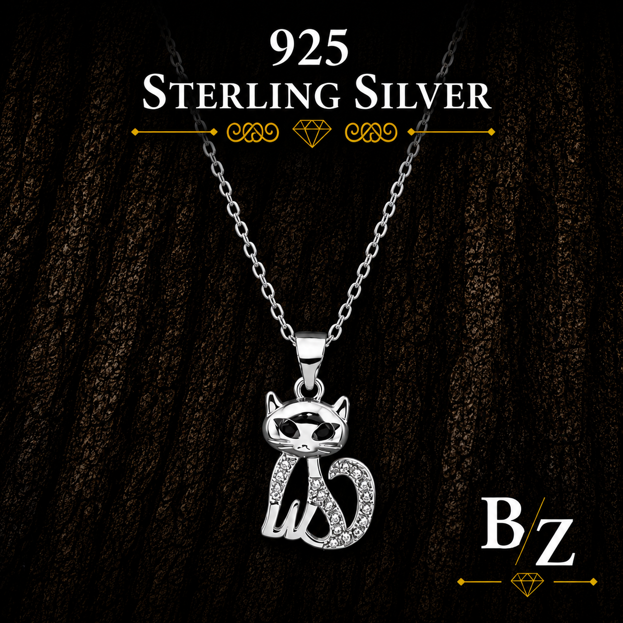 925 Sterling Silver Cat Necklace with Black Enamel and Cubic Zirconia