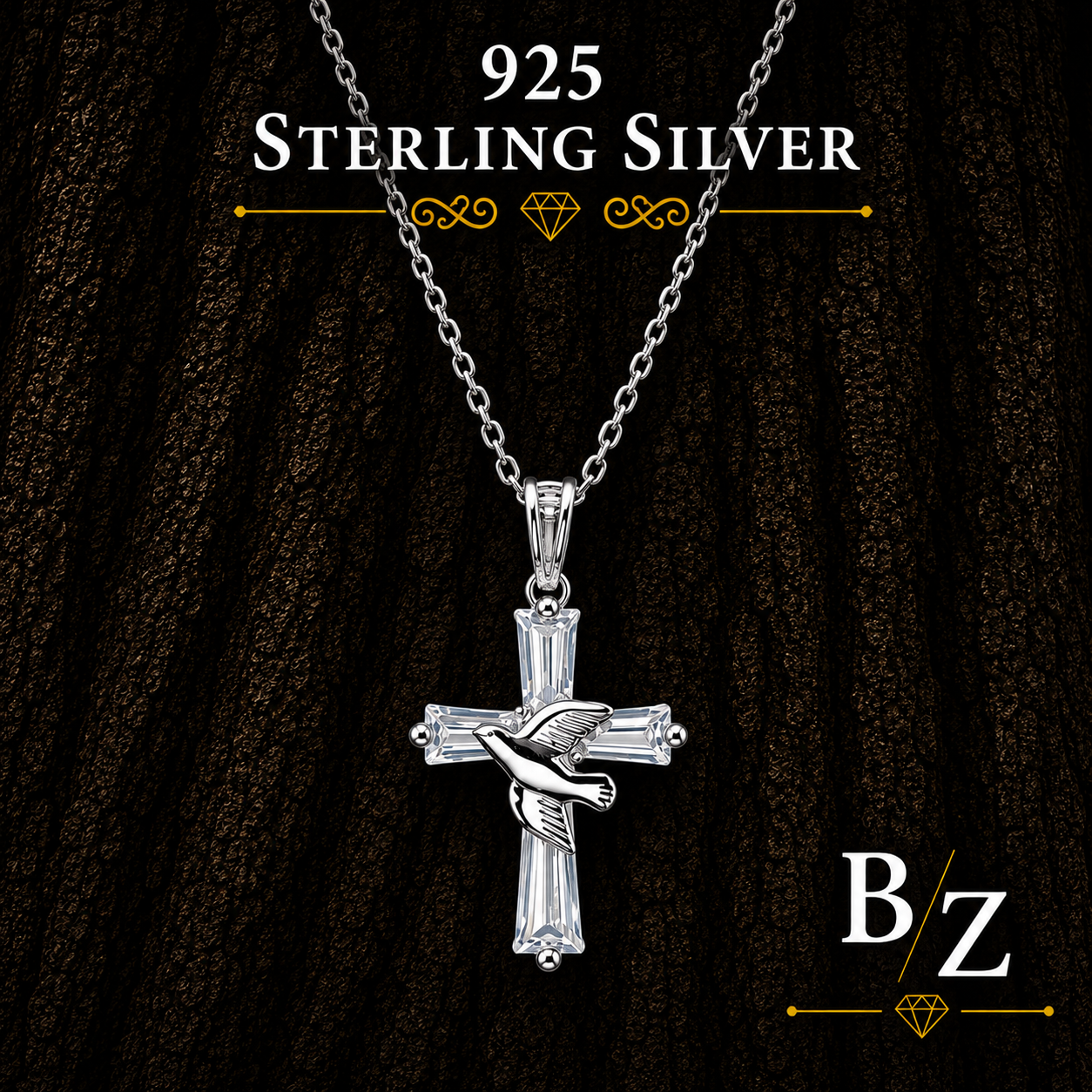 925 Sterling Silver Cross Necklace with Dove and Baguette Cubic Zirconia