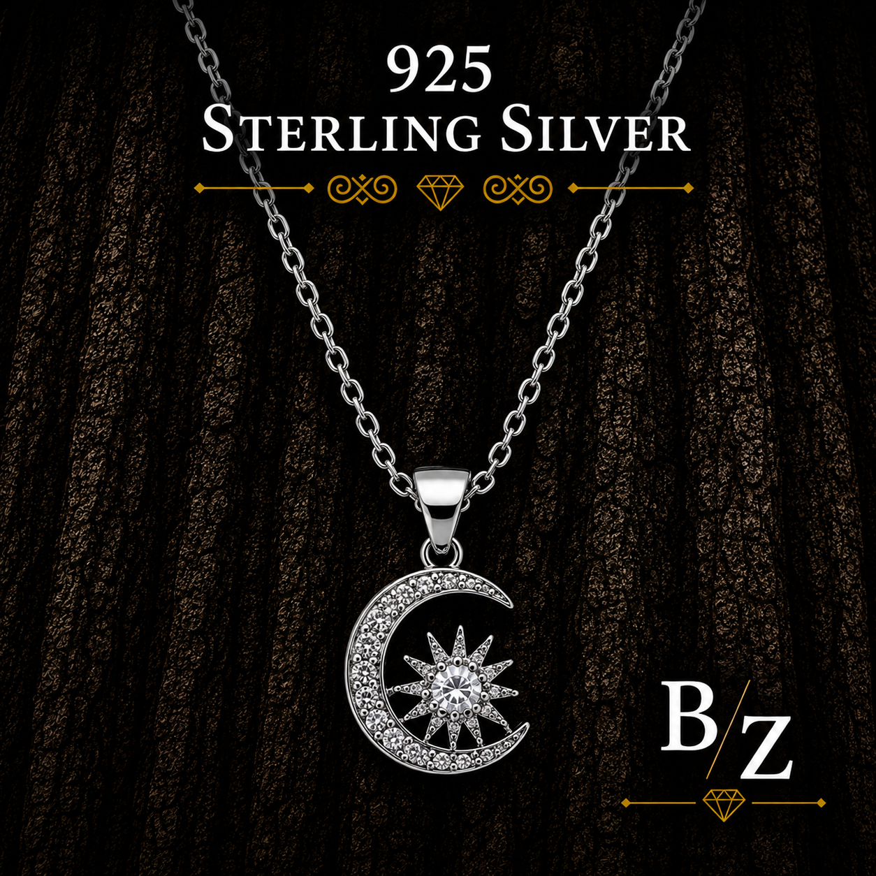 925 Sterling Silver Moon & Star Necklace with Cubic Zirconia
