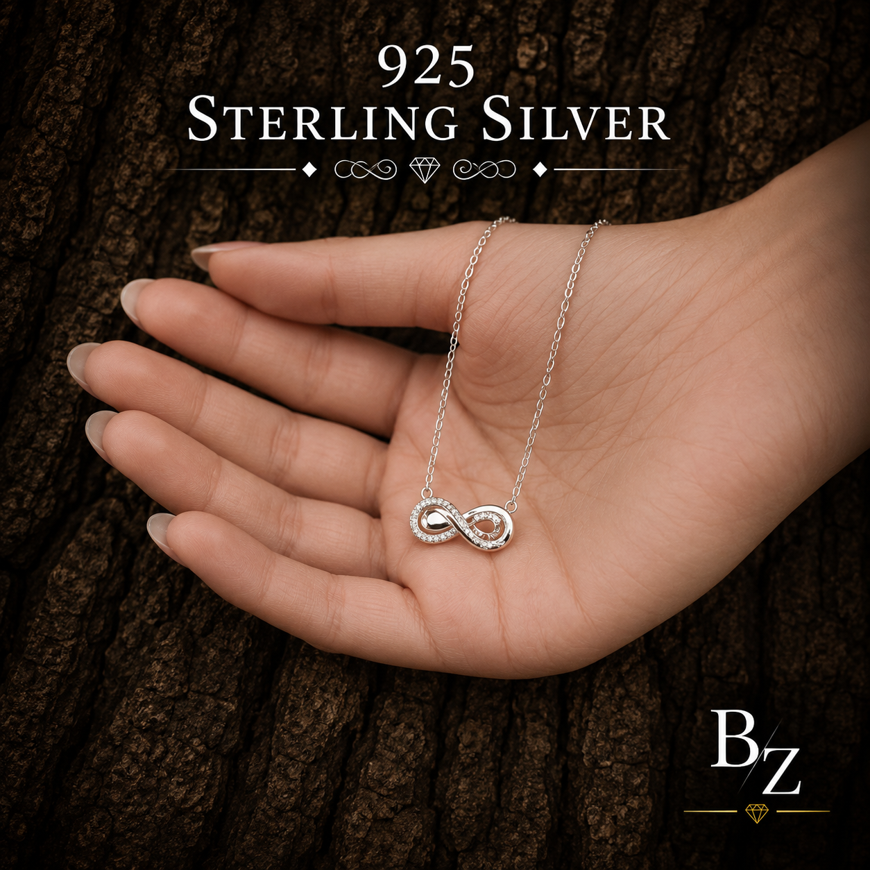 925 Sterling Silver Infinity Necklace shown in hand for size reference